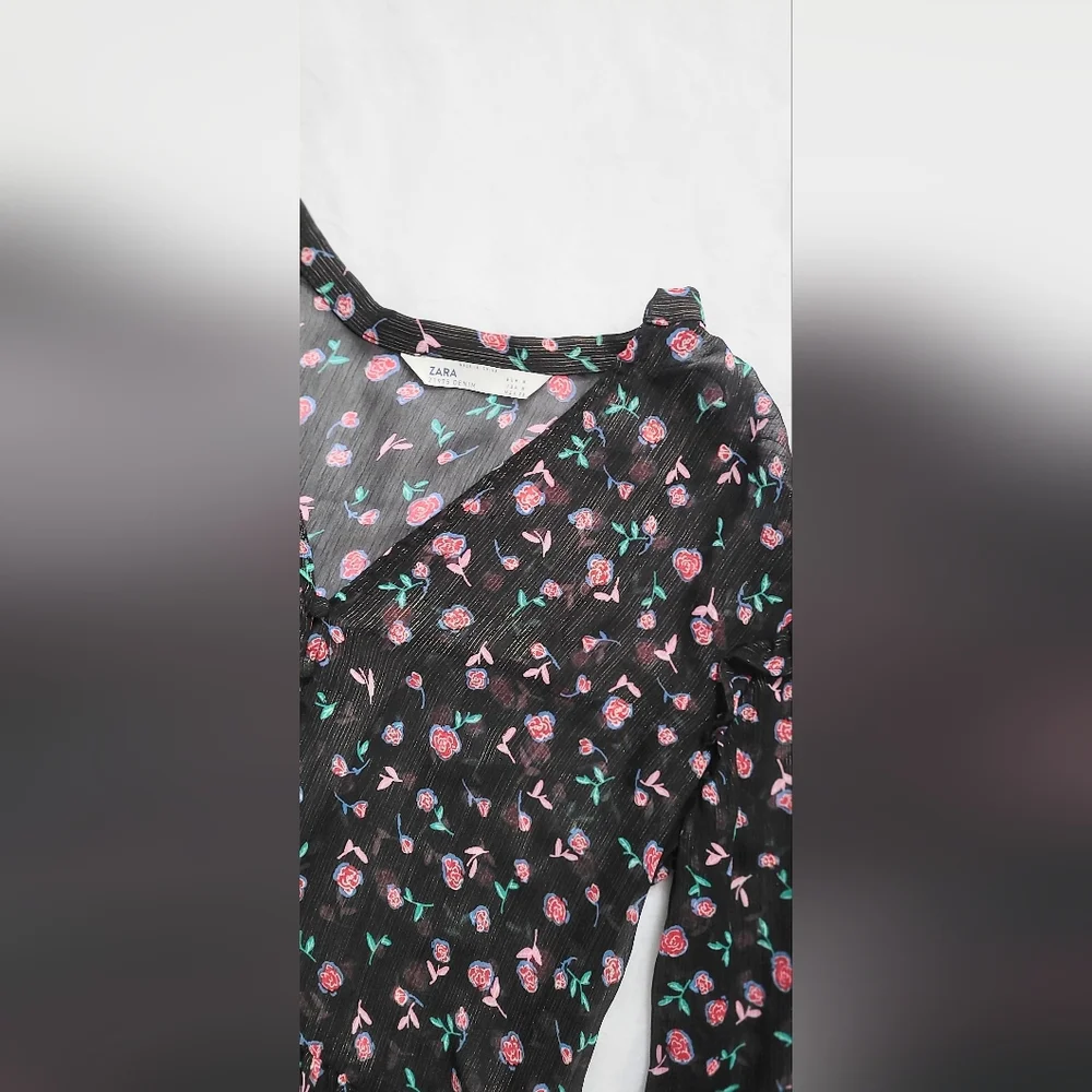NWOT! Sheer Metallic Women's Zara Spring Peplum Floral Boho Blouse Medium - Picture 3 of 15